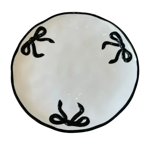 Hand Painted Coquette Black Bow Dinner Plates 10.25in White Ceramic Set of 4 NEW